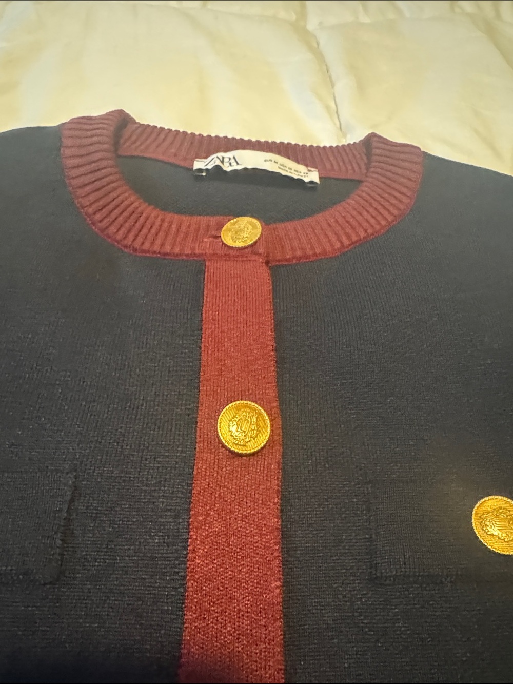 Zara Navy Cardigan with Burgundy Trim and Gold Buttons - Picture 2 of 4
